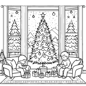 Zauberhafte Bescherung am festlich geschmückten Weihnachtsbaum Ausmalbild für fröhliche Weihnachtsentdecker