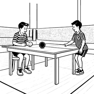 Begeisternde Tischtennis-Match mit fröhlichen Spielern Malvorlage für sportliche Entdecker