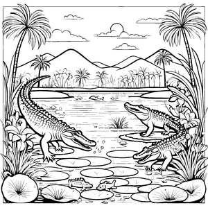 Abenteuerliche Krokodile am leuchtenden Wasser Ausmalbild für neugierige Entdecker