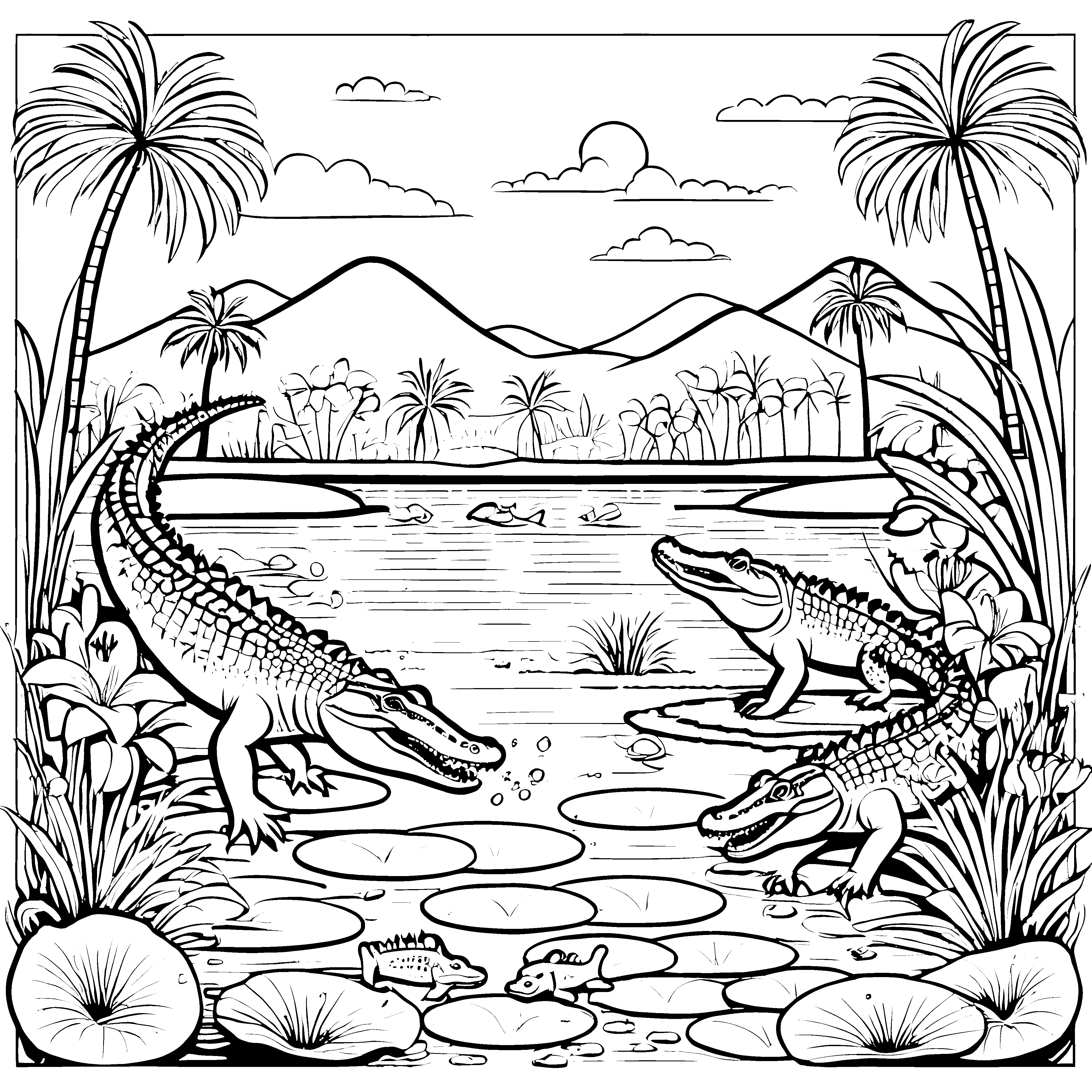 Abenteuerliche Krokodile am leuchtenden Wasser Ausmalbild für neugierige Entdecker