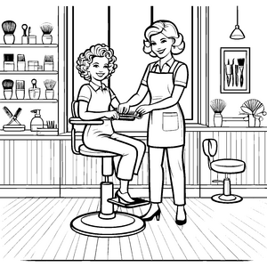Friseursalon mit fröhlichem Haarschnitt Ausmalbild für kleine Stylisten
