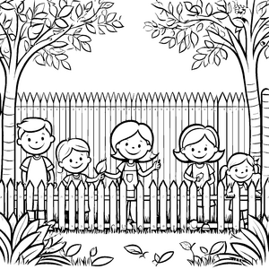 Bunter Holz-Zaun mit fröhlichen Kindern Ausmalvorlage für kreative Entdecker
