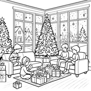 Frohes Weihnachtsfest mit Geschenken und Tannenbaum Ausmalbild für kreative Weihnachtsfreunde