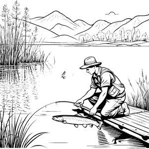 Faszinierender Angler mit großer Forelle Malvorlage für abenteuerlustige Naturfreunde