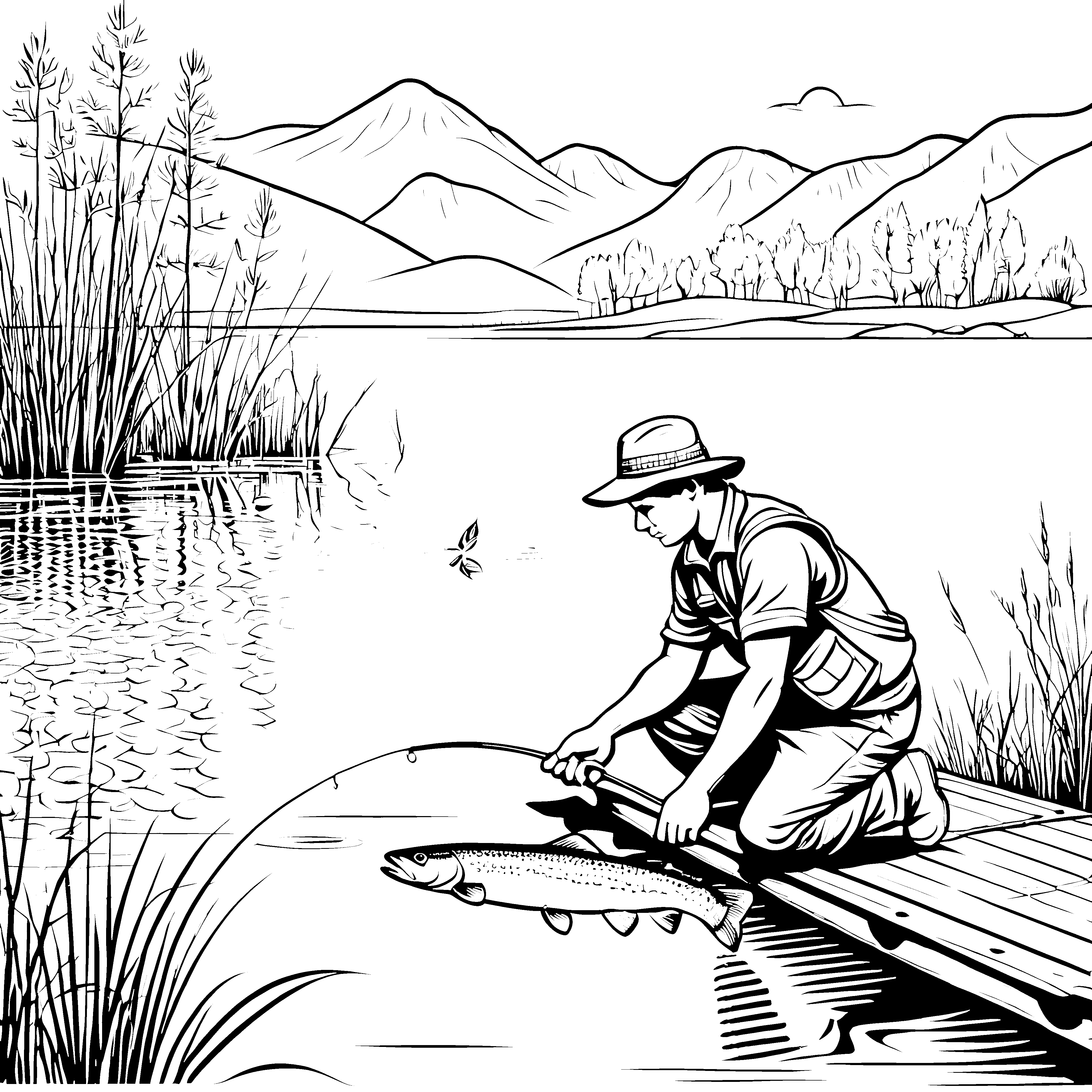 Faszinierender Angler mit großer Forelle Malvorlage für abenteuerlustige Naturfreunde