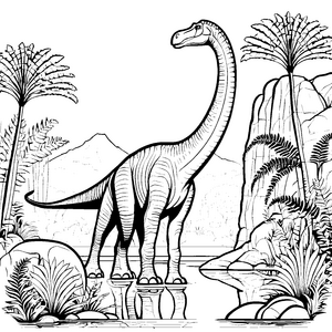 Riesiger Brachiosaurus am Wasserfall Ausmalbild für abenteuerlustige Entdecker