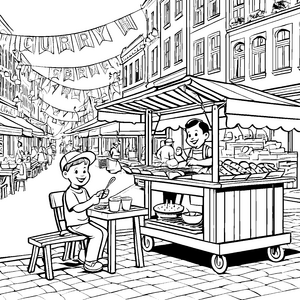 Schmackhafte Currywurst im bunten Marktausblick Ausmalvorlage für kleine Feinschmecker