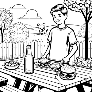 Fröhlicher Junge mit saftigen Hamburgern im Freien Ausmalbild für kleine Feinschmecker