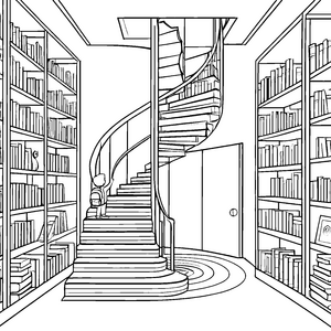 Fantasievolle Bibliothek mit kreativer Treppe Malvorlage für neugierige Entdecker