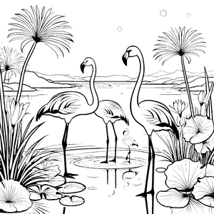 Zwei elegante Flamingos am glitzernden Wasser Malvorlage für neugierige Künstler