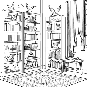 Zauberhafte Bücherregale mit fliegenden Vögeln Ausmalbild für neugierige Lesefreunde