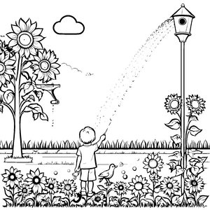Spritzender Rasensprenger unter strahlendem Himmel Ausmalvorlage für neugierige Gartenentdecker