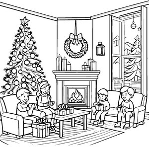 Gemütliches Weihnachtszimmer mit freudigen Kindern Ausmalbild für kreative Festtagsfreunde