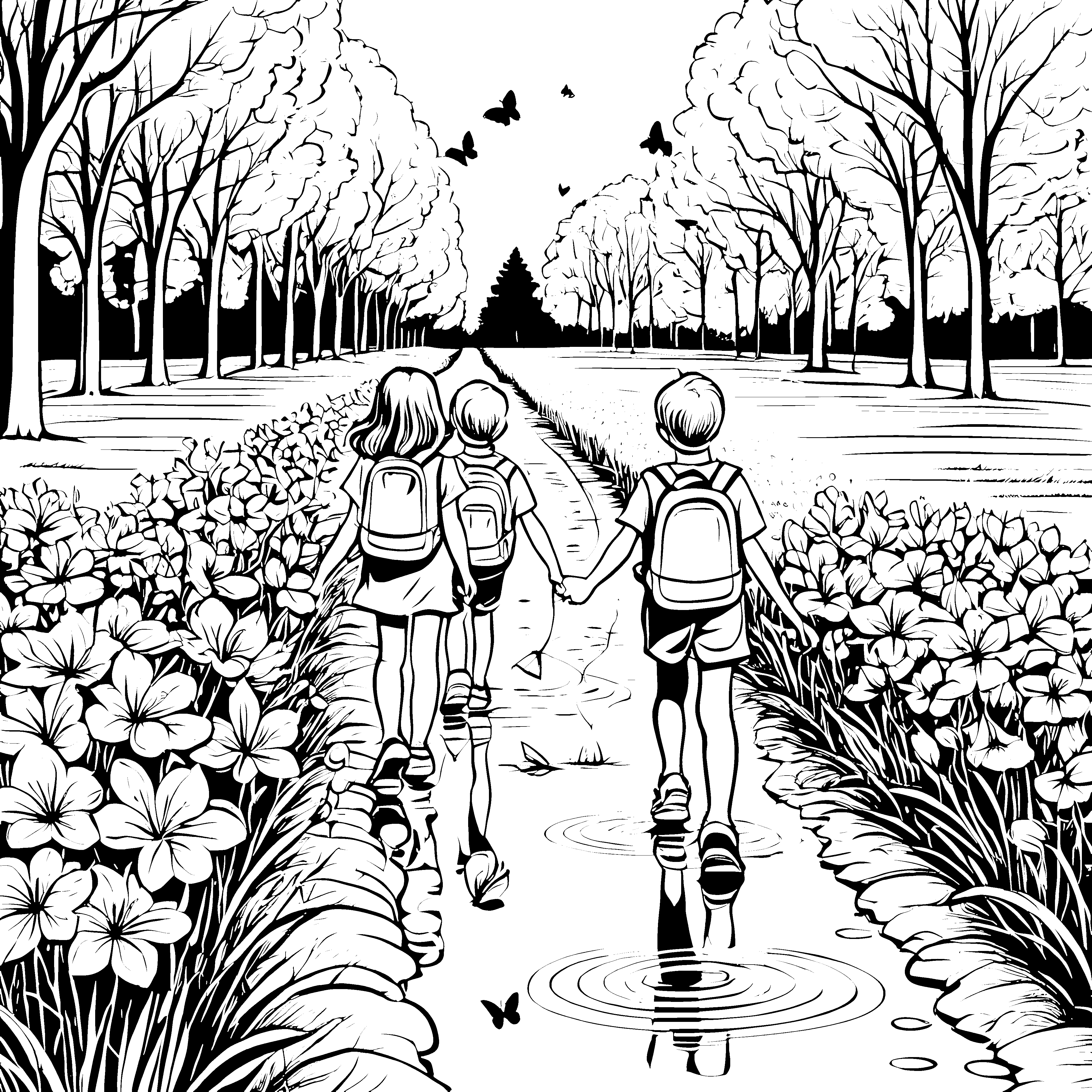 Drei fröhliche Kinder auf dem Naturweg Ausmalbild für abenteuerlustige Entdecker