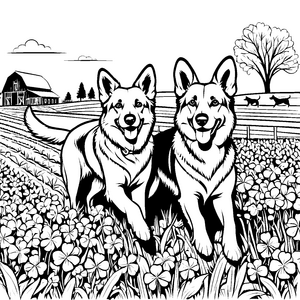 Fröhliche Hofhunde in buntem Blumenfeld Ausmalbild für lebhafte Tierliebhaber
