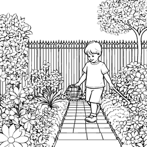 Lebendiger Gartenweg mit strahlendem Zaun Ausmalvorlage für kleine Naturfreunde