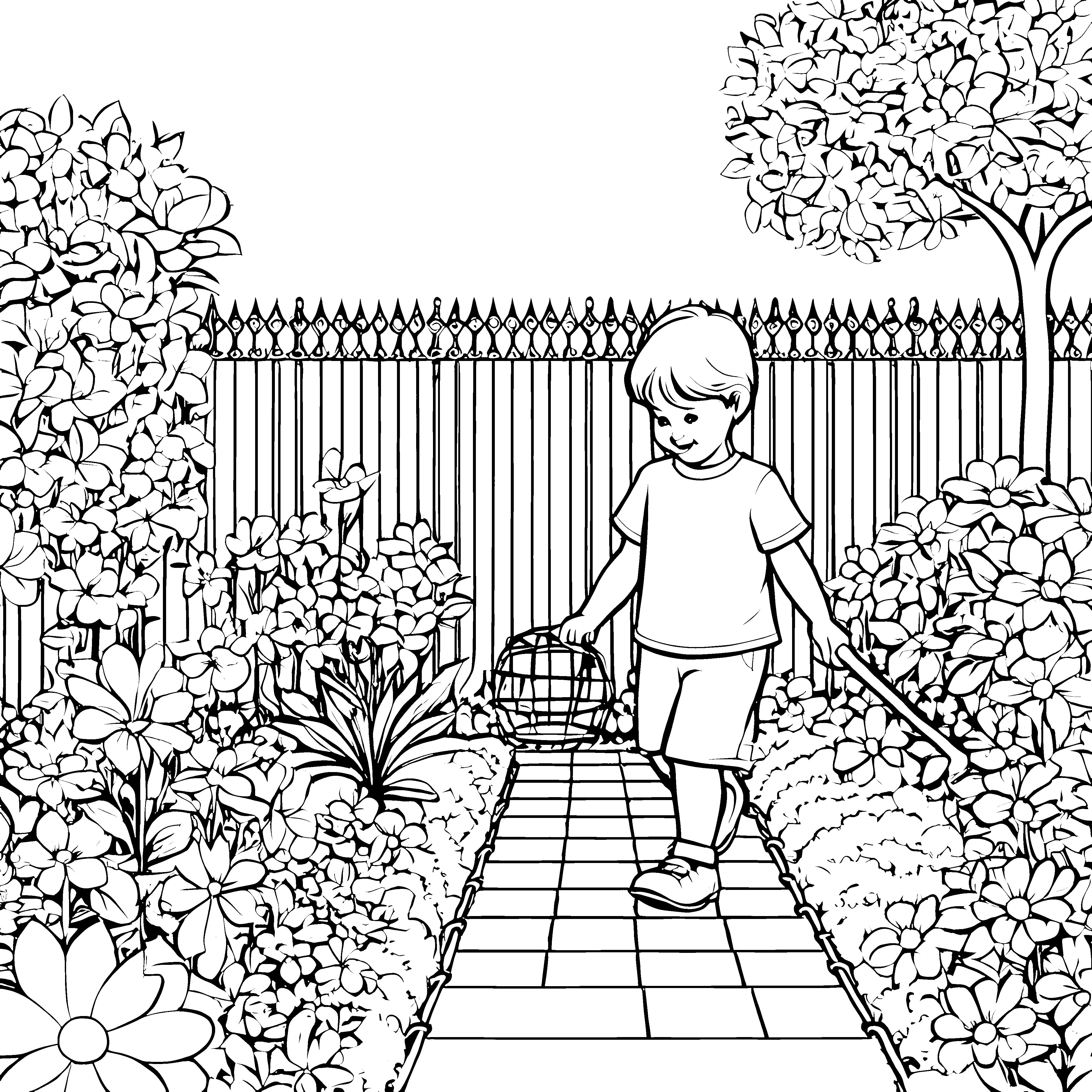 Lebendiger Gartenweg mit strahlendem Zaun Ausmalvorlage für kleine Naturfreunde