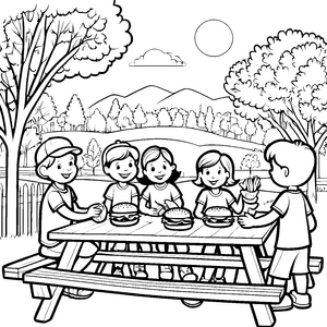 Spaßige Burger-Picknickrunde im Grünen Malvorlage für junge Entdecker