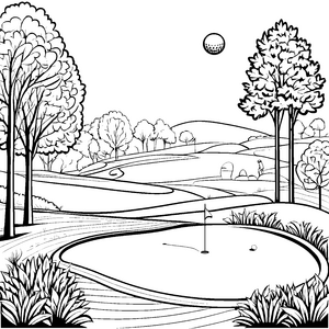 Idyllischer Golfplatz mit Tee und Fahne Ausmalvorlage für kleine Sportenthusiasten