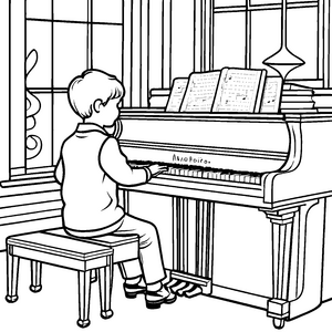 Melodische Klavieraufführung im gemütlichen Raum Ausmalbild für junge Musiktalente