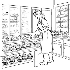 Kreative Konditorin mit bunten Cupcakes Ausmalmotiv für fantasievolle Naschkatzen