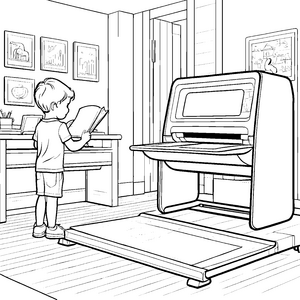 Spannender Scanner in einem kreativen Kinderzimmer Ausmalbild für kleine Technikfreaks