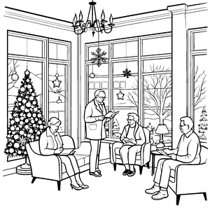 Gemütliche Weihnachtssitzung im Seniorenheim Ausmalbild für kreative Seniorenfreunde