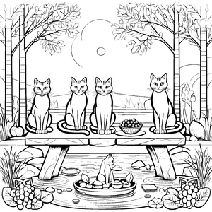 Schmusekatzen beim Plätschern am Teich Ausmalbild für verspielte Tierfreunde