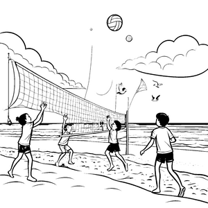 Strahlende Kinder beim Beachvolleyball Spiel Malvorlage für aktive Entdecker