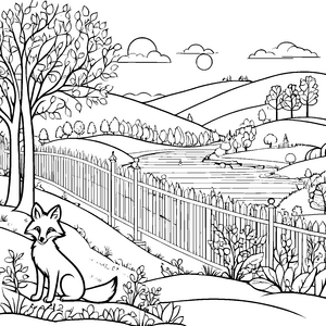 Lustiger Fuchs neben malerischem Gartenzaun Ausmalbild für kreative Naturfreunde