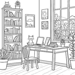 Gemütlicher Bücherschrank mit neugieriger Katze Ausmalbild für fantasievolle Leseratten