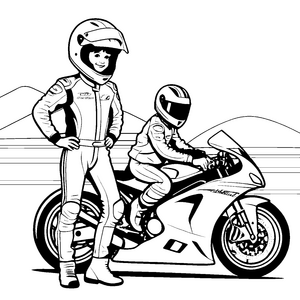 Rasantes Renn-Motorrad mit fröhlichem Fahrer Ausmalbild für kleine Geschwindigkeitsfanatiker