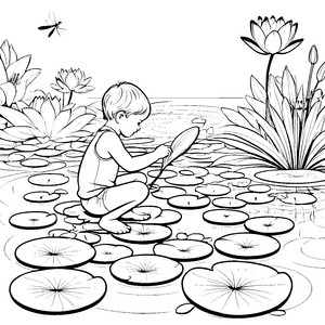 Fantasievolle Lotusblüten am ruhigen Teich Ausmalbild für kleine Wasserabenteurer