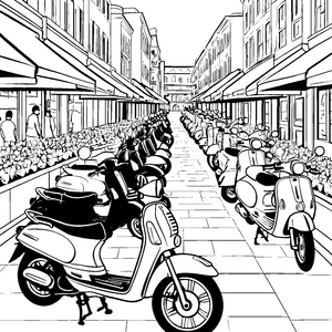 Lebhafte Mopeds in belebter Stadtstraße Malvorlage für neugierige Stadtentdecker