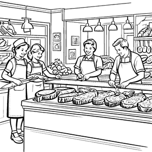 Fröhliche Fleischereifachverkäufer bei der Arbeit Ausmalbild für hungrige Entdecker