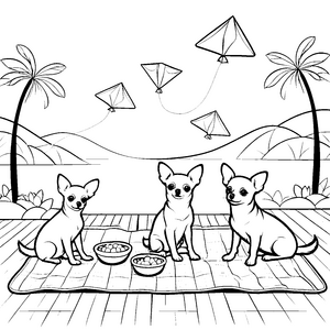 Drei fröhliche Chihuahuas beim Picknick Ausmalbild für abenteuerliche Tierfreunde