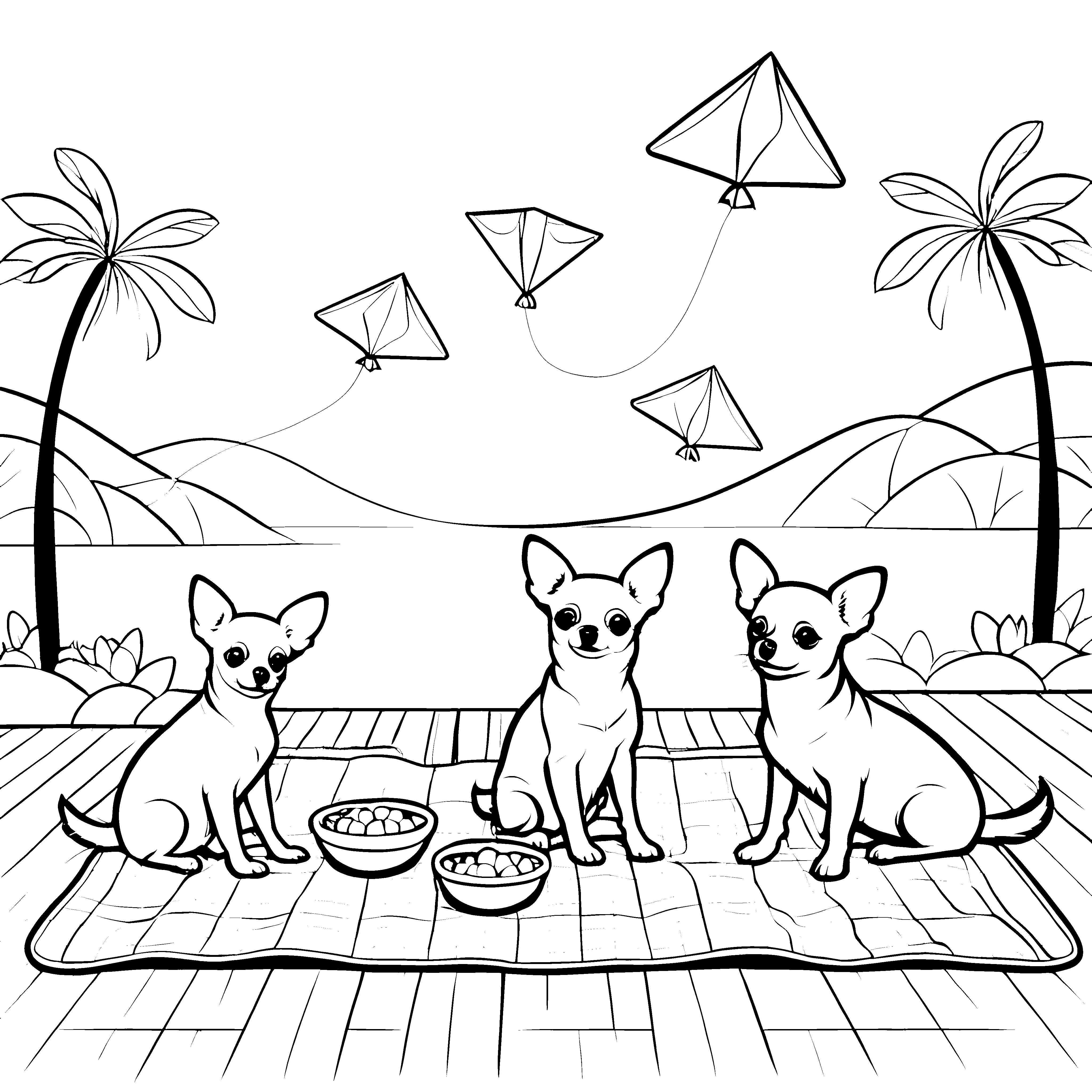 Drei fröhliche Chihuahuas beim Picknick Ausmalbild für abenteuerliche Tierfreunde
