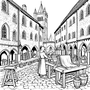Weber im historischen Marktplatz Ausmalbild für kreative Handwerker