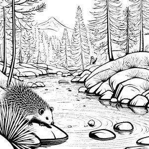 Stachelschwein am glitzernden Fluss Malvorlage für kleine Naturforscher