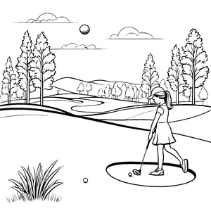Sportliches Mädchen beim Golfspielen Ausmalbild für kleine Golfenthusiasten