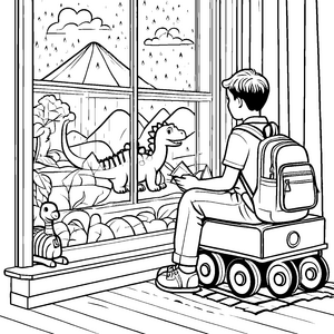 Dinosaurier-Abenteuer hinter dem Fenster Ausmalvorlage für neugierige Entdecker