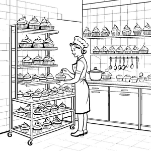 Verführerische Konditorin mit bunten Cupcakes Ausmalvorlage für leidenschaftliche Naschkatzen
