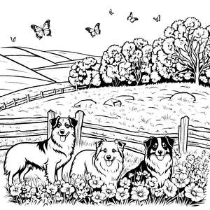 Drei fröhliche Australian Shepherds im blühenden Garten Ausmalbild für neugierige Tierliebhaber