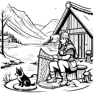 Wikingerkriegerin mit treuem Hund am Wasser Ausmalvorlage für mutige kleine Abenteuerer