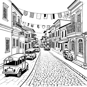 Buntes Tuk-Tuk auf lebendiger Stadtstraße Ausmalbild für kleine Entdecker