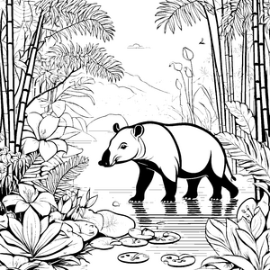 Tapir am schimmernden Wasserufer Ausmalmotiv für neugierige Naturentdecker
