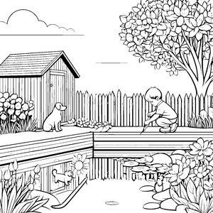 Kreative Gartenszene mit lebendigem Zaun Ausmalmotiv für fantasievolle Entdecker