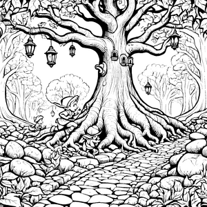Fröhliche Elfen beim Versammeln unter dem alten Baum Ausmalbild für kleine Naturfreunde