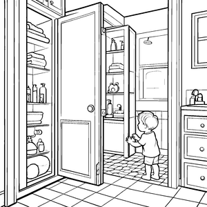 Badezimmerschrank mit bunten Flaschen und neugierigem Kind Ausmalbild für kleine Ordnungsliebhaber