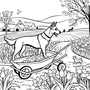 Hochmotivierter Hofhund mit bunter Blumenpracht Ausmalvorlage für fröhliche Tierfreunde